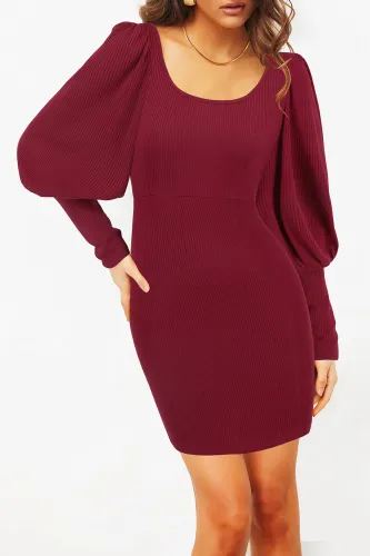 Round Neck Lantern Long Sleeve Knitted Dress