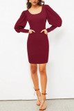 Round Neck Lantern Long Sleeve Knitted Dress