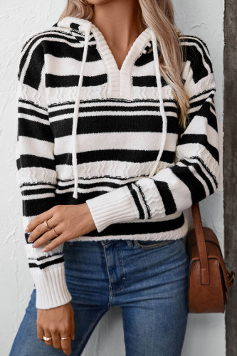 Drawstring Striped Color Block Knit Hooded Sweater