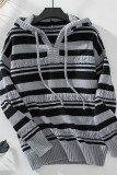 Drawstring Striped Color Block Knit Hooded Sweater