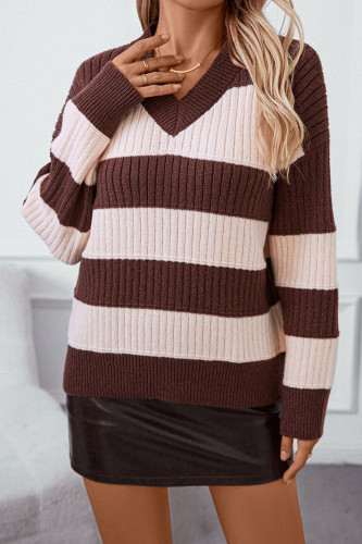 V-Neck Striped Long Sleeved Knitted Sweater