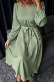 Solid Color Lantern Long Sleeve Satin Dress