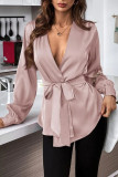 V-Neck Solid Color Long Sleeved Tied Shirts