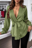 V-Neck Solid Color Long Sleeved Tied Shirts
