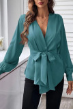 V-Neck Solid Color Long Sleeved Tied Shirts