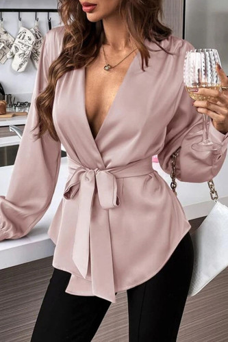 V-Neck Solid Color Long Sleeved Tied Shirts