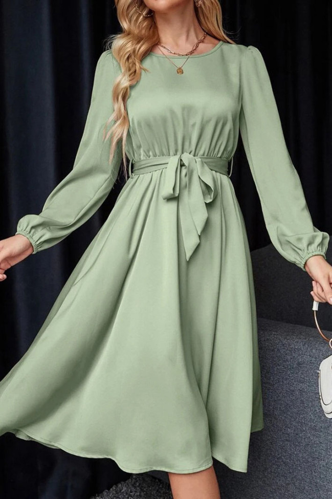 Solid Color Lantern Long Sleeve Satin Dress