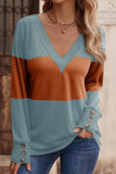 V-Neck Button Llong Sleeved T-Shirts
