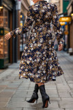 Long Sleeved Stand Up Collar Printed Dress