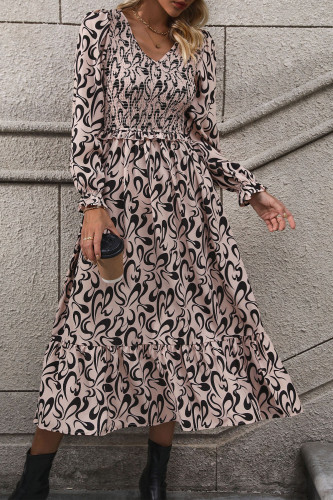 V-Neck Long Sleeved Printed Dress
