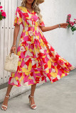 V-Neck Ruffled Short Sleeved Printed Dress