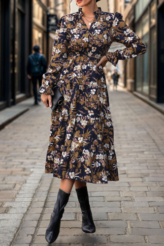 Long Sleeved Stand Up Collar Printed Dress