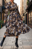 Long Sleeved Stand Up Collar Printed Dress