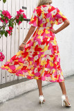 V-Neck Ruffled Short Sleeved Printed Dress
