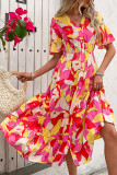 V-Neck Ruffled Short Sleeved Printed Dress