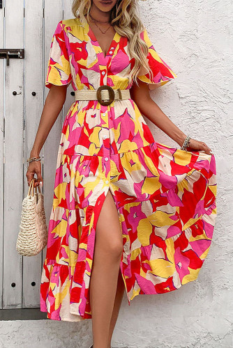 V-Neck Ruffled Short Sleeved Printed Dress