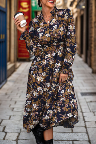 Long Sleeved Stand Up Collar Printed Dress