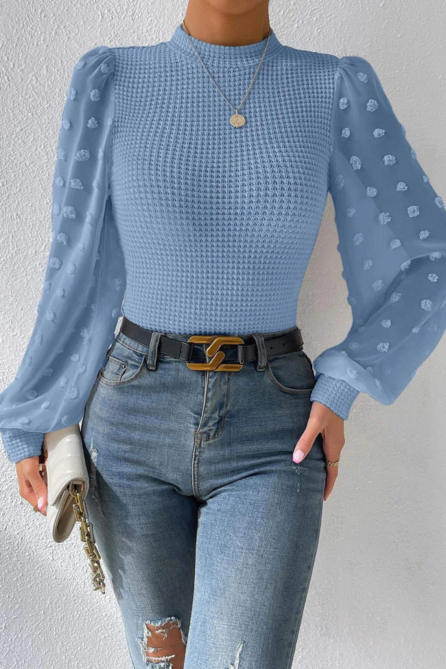 Swiss Dot Round Neck Long Sleeved Top