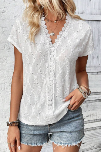 V-Neck Lace Patchwork Short Sleeved Shirt