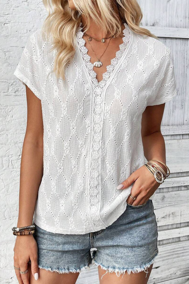 V-Neck Lace Patchwork Short Sleeved Shirt