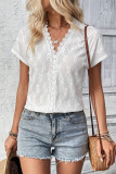 V-Neck Lace Patchwork Short Sleeved Shirt