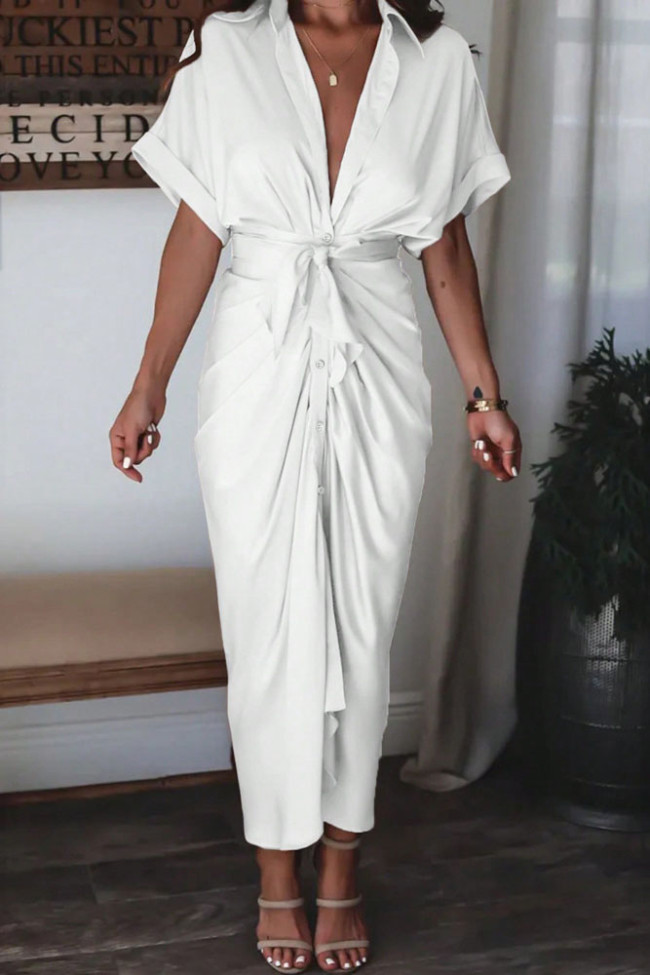 V-Neck Short Sleeved Button Up Dress