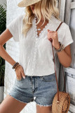V-Neck Lace Patchwork Short Sleeved Shirt