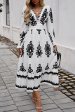 Printed V-Neck Long Sleeved Dress