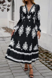 Printed V-Neck Long Sleeved Dress