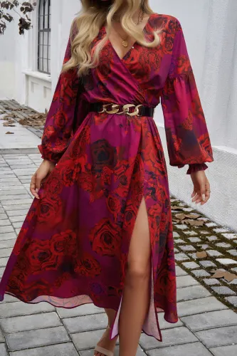 V-Neck High Waisted Printed Dress