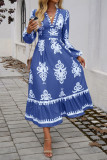 Printed V-Neck Long Sleeved Dress
