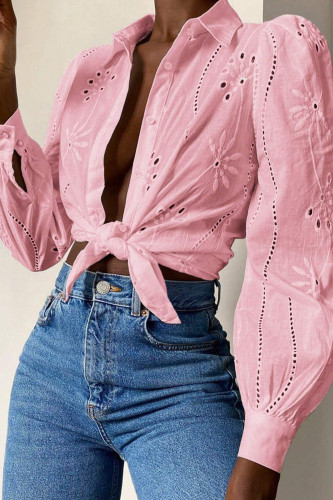 Embroidery Hollow Long Sleeved Lapel Shirt