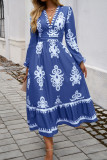 Printed V-Neck Long Sleeved Dress