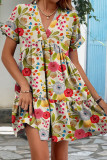 V-Neck Loose Short Sleeved Pleated Dress