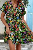 V-Neck Loose Short Sleeved Pleated Dress