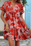 V-Neck Loose Short Sleeved Pleated Dress