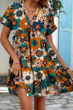 V-Neck Loose Short Sleeved Pleated Dress