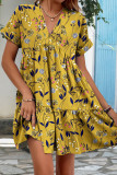 V-Neck Loose Short Sleeved Pleated Dress