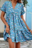 V-Neck Loose Short Sleeved Pleated Dress