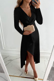 Long Sleeved V-Neck Slit Dress
