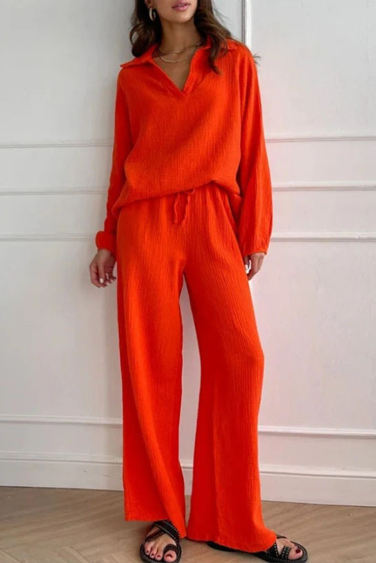 Lapel Long Sleeved Solid Color Two-Piece Set