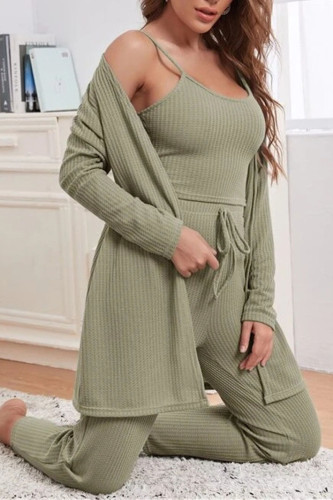 Waffle Knitted Strap Sleepwear 3-Piece Set