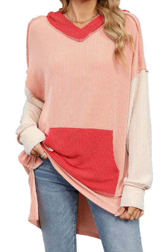 Contrast Long Sleeved Loose Hooded Sweatshirt