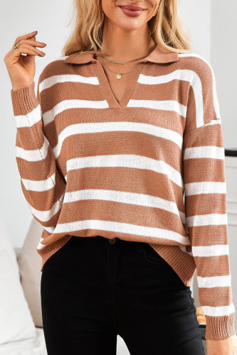 Autumn Winter Lapel Striped Contrasting Sweater