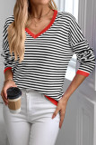 V-Neck Striped Contrasting Long Sleeved T-Shirt