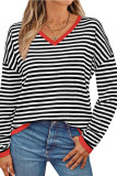 V-Neck Striped Contrasting Long Sleeved T-Shirt