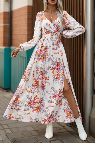 Long Sleeved V-Neck Floral Print Dress