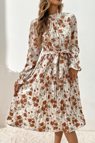 Floral Print High Neck Long Sleeved Pleated Dress