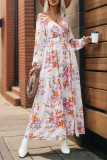 Long Sleeved V-Neck Floral Print Dress