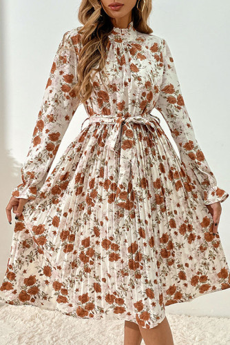 Floral Print High Neck Long Sleeved Pleated Dress